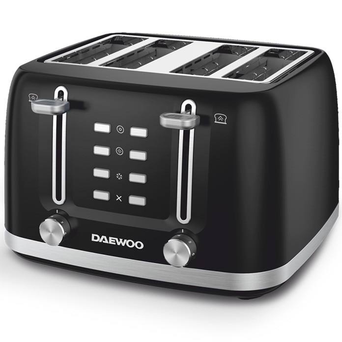 Prajitor de paine Daewoo DBT4160B, putere 1600 W, capacitate 4 felii, tavita de firimituri, functii: waffles, reincalzire, decongelare, anulare, control electronic rumenire, carcas
