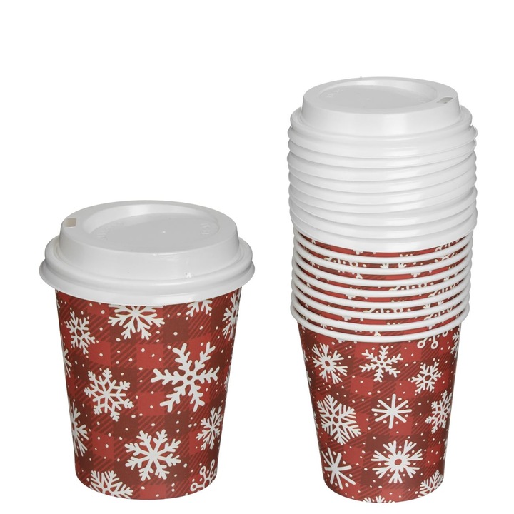 Червени картонени чаши с кариран модел и снежинки & подсилени капаци 270 мл - 10 бр