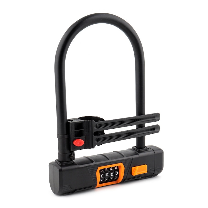 Antifurt bicicleta, U-lock cu combinatie resetabila 4 cifre, 14x19cm, 1100g, set cu cablu de securitate