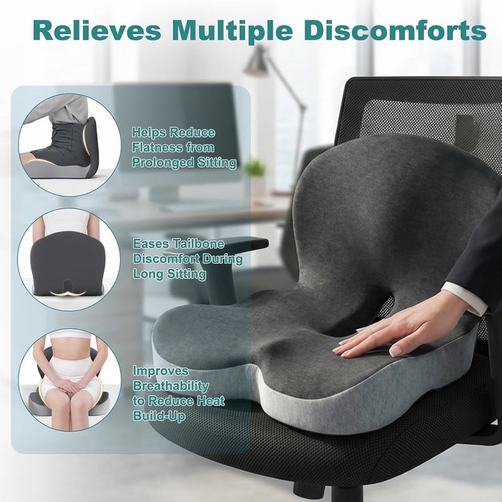 Perna Ortopedica Sezut si Perna Lombara, Design Integrat, YOUKUKE®, Ergonomic, Spuma Memorie 60D, Suport Lombar/Glutei, Anti-Durere Sciatica Coccis, pentru Scaune Birou/Auto/Camion, Gri Inchis