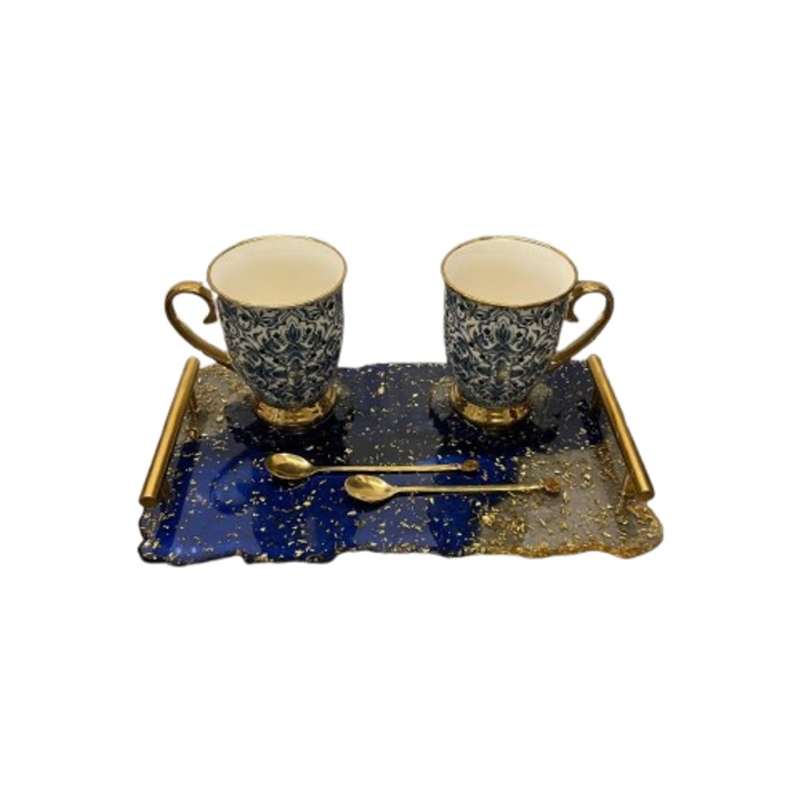 Set Tava Servire din rasina cu cani, suporti si lingurite - 35x21 cm