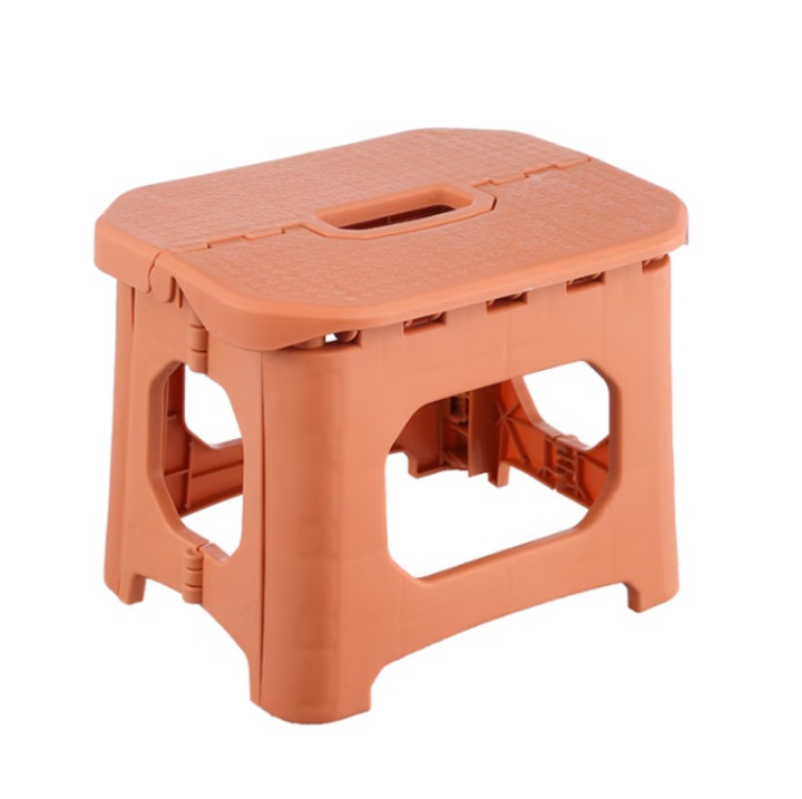 Сгъваема табуретка с дръжка, устойчива пластмаса, преносима, противоплъзгаща, максимално натоварване 100 кг, 26,5 x 23,5 x 20 см, Сьомга