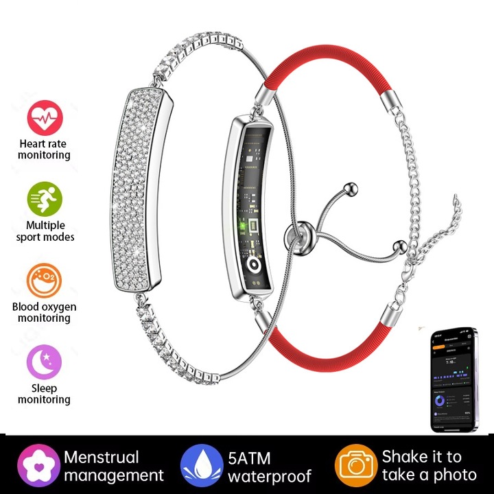 Смарт фитнес гривна за дами, жени, Bluetooth 5.3, проследяване на сърдечен ритъм, SpO2, сън и стрес, спортни режими, водоустойчивост 5ATM, живот на батерията 3–5 дни, дизайн на бижу, iOS и Android, сребриста с прозрачни камъни и две регулируеми каишки