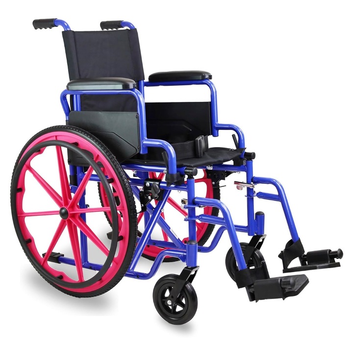 Scaun cu rotile pentru copii, pliabil, manere rabatabile, centura, sezut 35.5 cm, roz/albastru, PEPE