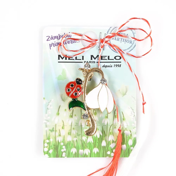 Brosă Meli Melo ghiocel cu detalii aurii și buburuză, multicolor, 2.5x3.5cm