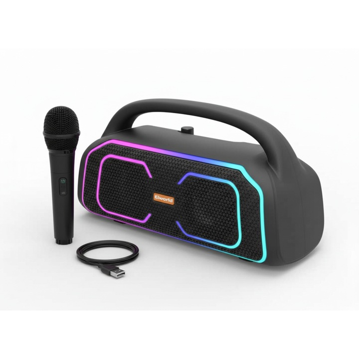 Boxa portabila Bluetooth Elworld MS3642BT-W, design cu woofer din material textil si maner, sunet HiFi stereo cu bass puternic, boxa rezistenta la apa pentru exterior, radio FM, suport USB/card TF/TWS, iluminare LED colorata, cu 1 microfon, negru