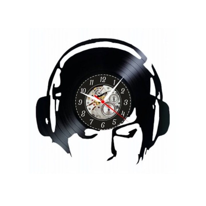 DJ Night Mix dekoratív falióra, bakelitlemezből (Vinyl Record Clock), Clubbing design fejhallgatóval és lemezjátszóval, átmérő 30 cm, Fekete