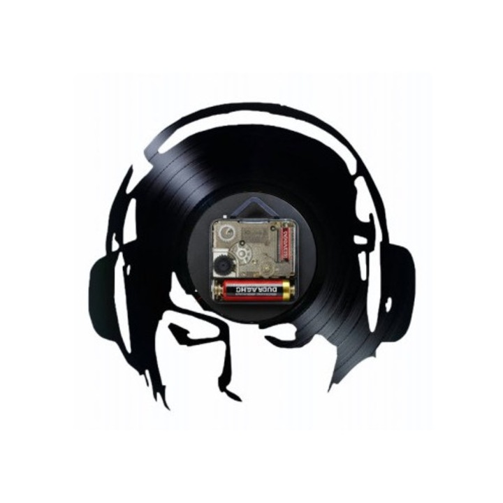 DJ Night Mix dekoratív falióra, bakelitlemezből (Vinyl Record Clock), Clubbing design fejhallgatóval és lemezjátszóval, átmérő 30 cm, Fekete