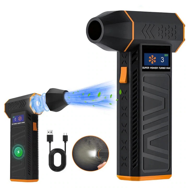 Vezeték nélküli hajszárító, 130.000 RPM, 4000 mAh, 4 sebességfokozat, digitális kijelző, hordozható, narancssárga, szett