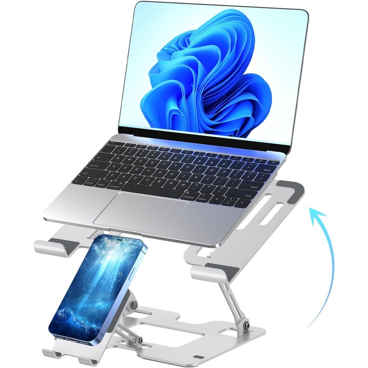 Suport pentru laptop 2 in 1, ergonomic, cu mecanism reglabil in inaltime, robust si portabil, potrivit pentru toate laptopurile si telefoanele mobile