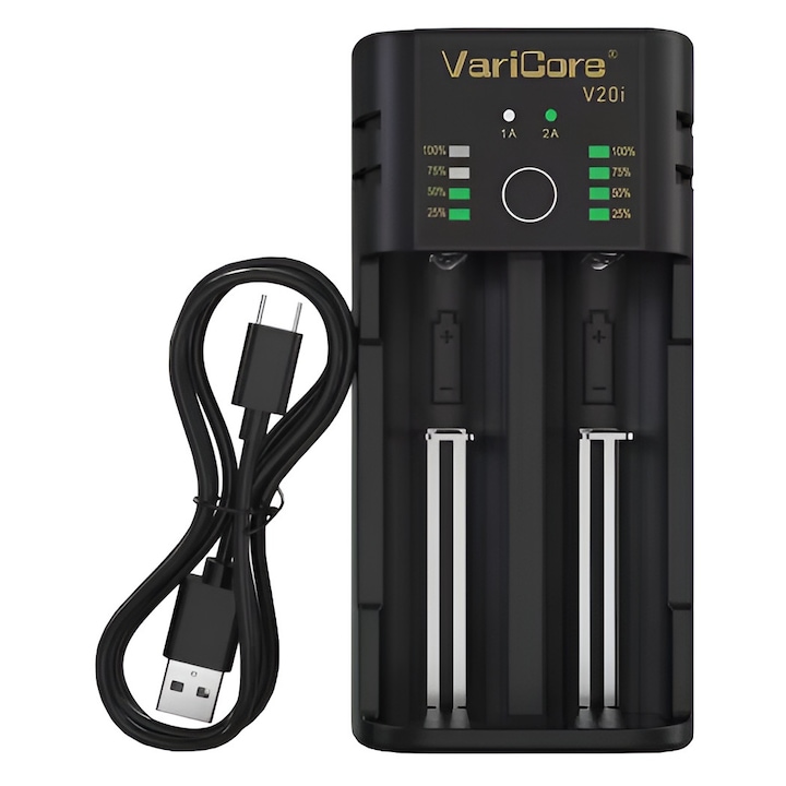 Incarcator VariCore V20i, 2 sloturi independente, suporta Li-ion, Ni-MH, USB Power Bank, 118x63x30mm, 84g