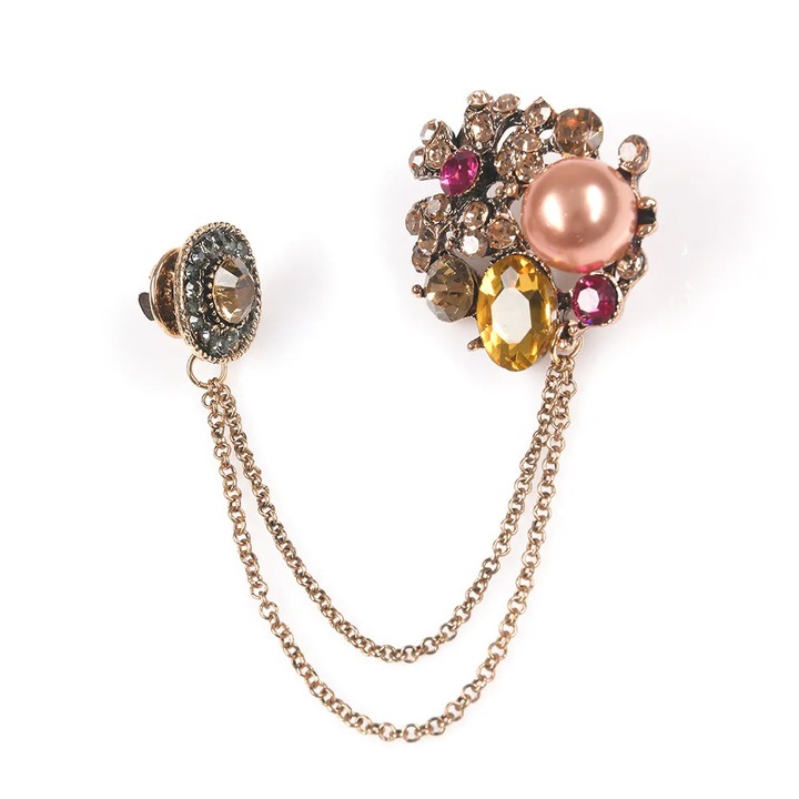 Brosă Meli Melo martisor dublu cu lanț decorativ și pietre, multicolor, 3x3.5cm