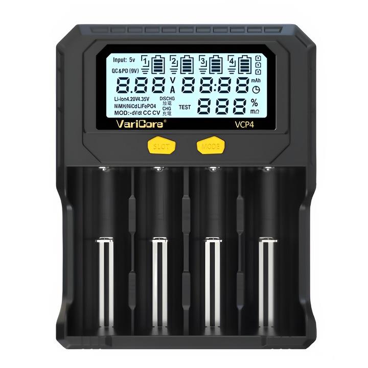 Univerzális 4 csatornás VariCore VCP4+ töltő, 5V 3A, AA AAA 18650 21700 26650 akkumulátorokhoz, LCD kijelzővel