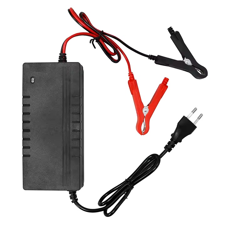 VariCore 14.6V 10A töltő 12V 4S LiFePO4 akkumulátorokhoz, krokodilcsipeszes kábelekkel, hűtőrendszerrel