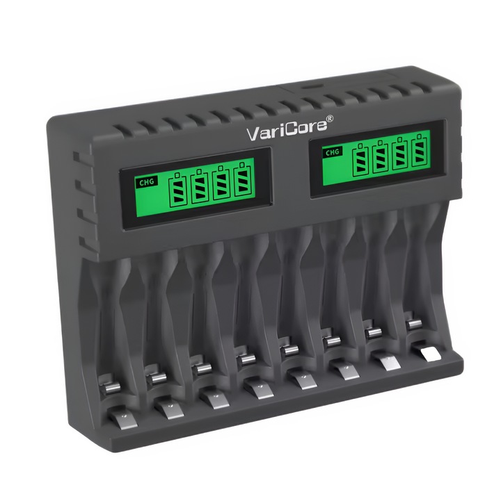 Incarcator VariCore LCD-006 8-sloturi pentru acumulatori AA, AAA, 18650, Li-ion, Ni-MH, USB-C