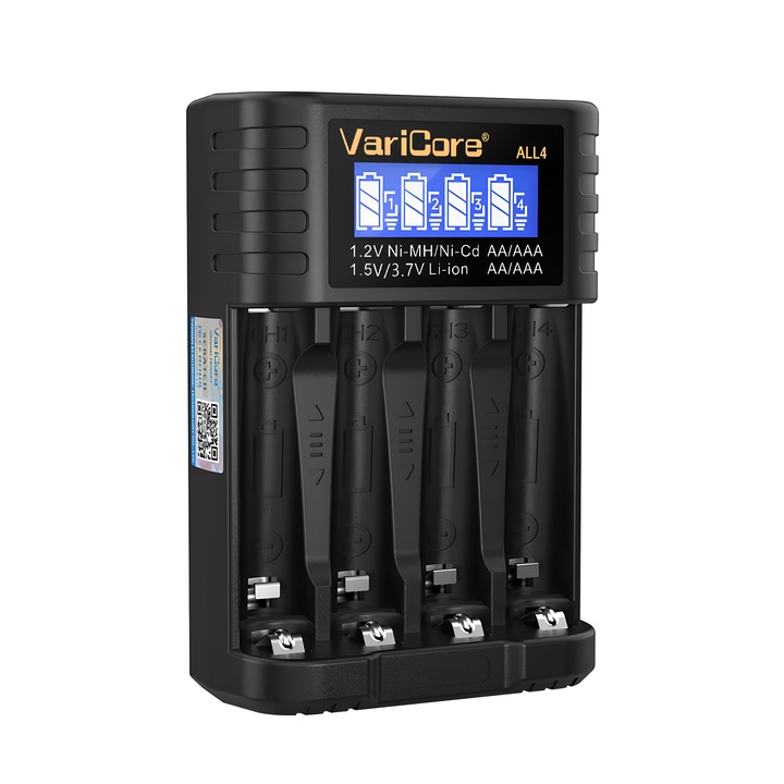 Incarcator universal VariCore ALL4 pentru baterii Ni-MH AA AAA Li-ion 14500, 4 canale, USB, compact