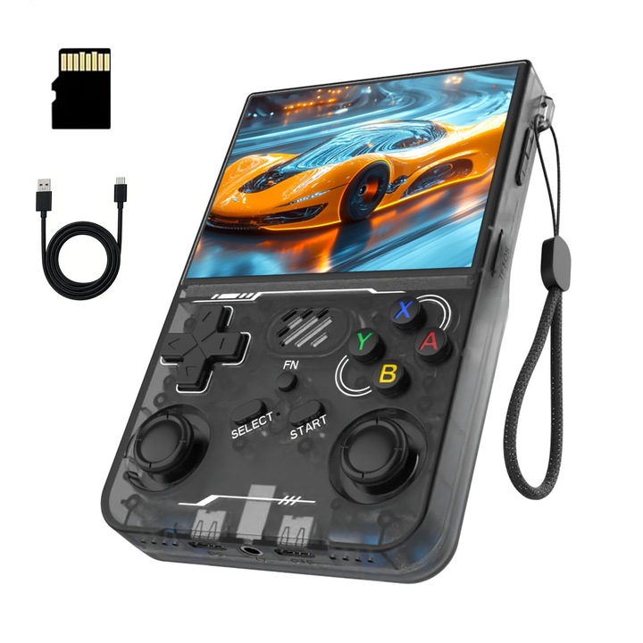 Consola cu jocuri retro portabila, asskanaer, Consola portabila cu card incorporat de 64 GB, Model nou R36XX, Ecran HD de 640x480, Joystick-uri 3D, Incorporat 15000+ jocuri, Suporta 11 de emulatoare, Ubs, 16.5*10.5*4.5 cm, Negru