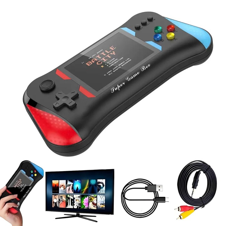 Consola de jocuri portabila retro pe 8 biti, asskanaer, Mini consola ultra portabila gaming, 500 de jocuri clasice intr-una singura, Ecran HD 3.0 inch, Iesire AV, USB inclus, 1200 mAh, Se poate conecta la TV, Plastic, 25*18.7*4.3 cm, Negru