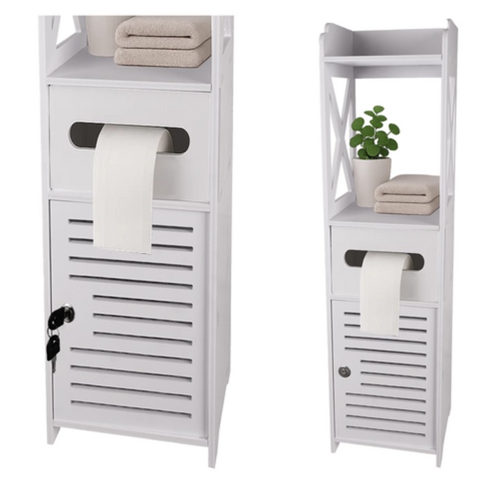 Dulap de baie vertical RUHHY, cu suport hartie igienica si incuietoare, design compact alb, 80x20x21 cm