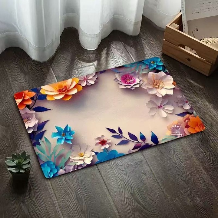 Covoras de baie din diatomita cu model floral 3D, 2 la set, antiderapant, ultra-absorbant, uscare rapida – pentru baie si intrare, 40×60 / 50×80 cm, albastru si mov, 0260