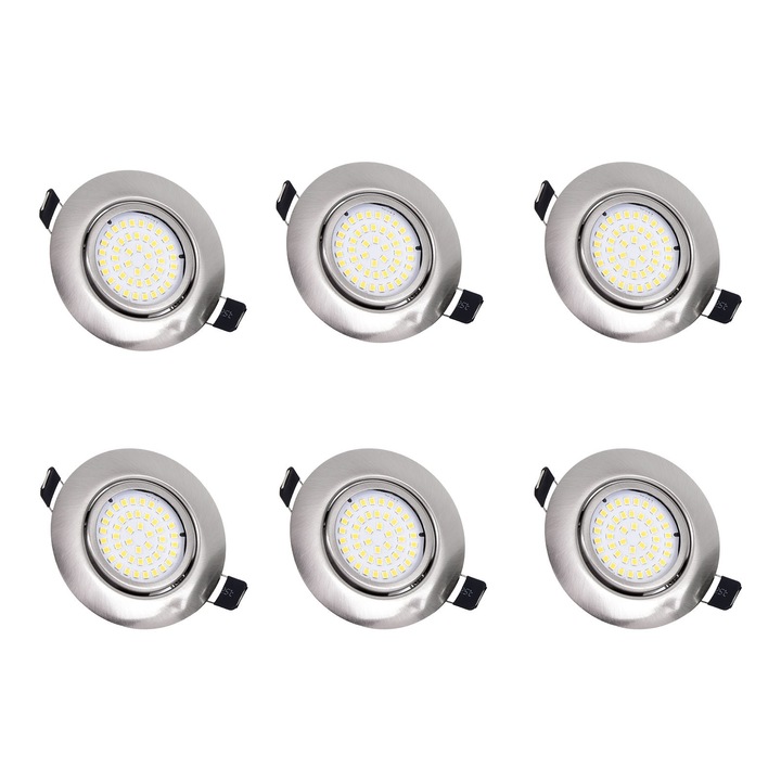 Set de 6 spoturi LED incastrate, AFKSMILE, Spoturi LED 5W ultraplat, Rotund, Usor de instalat, Pivotant, Cu montare incastrata, Pentru baie, bucatarie, living, tavan, Alb neutru, Temperatura lumina 6400K, Metal, 86mm, Argint