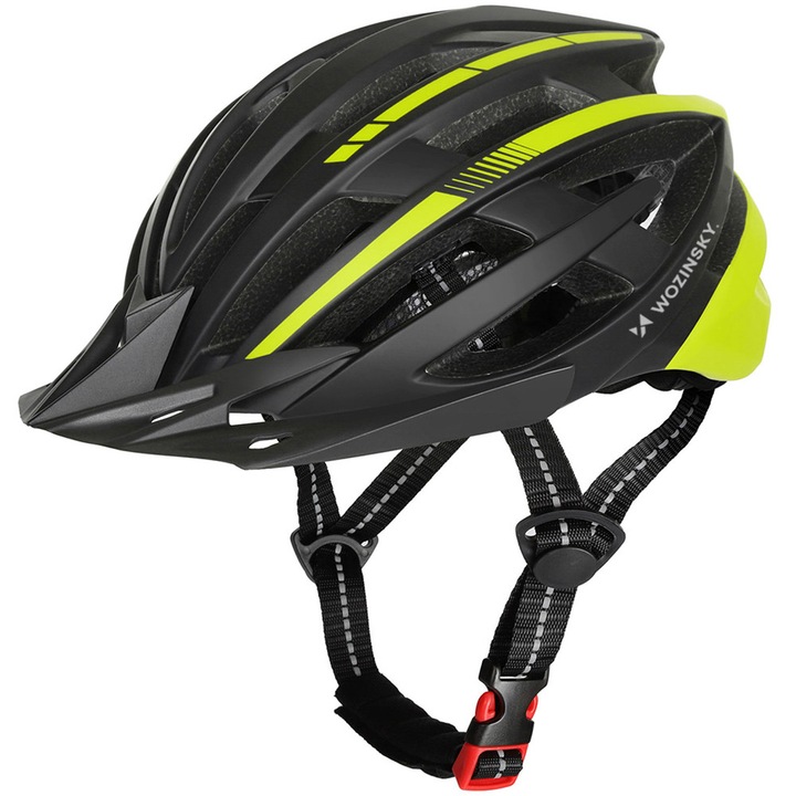 Casca de protectie MTB Wozinsky HT-28VCZ, Lumina spate reincarcabila prin USB, 54 - 57cm, Marime M, Negru / Galben