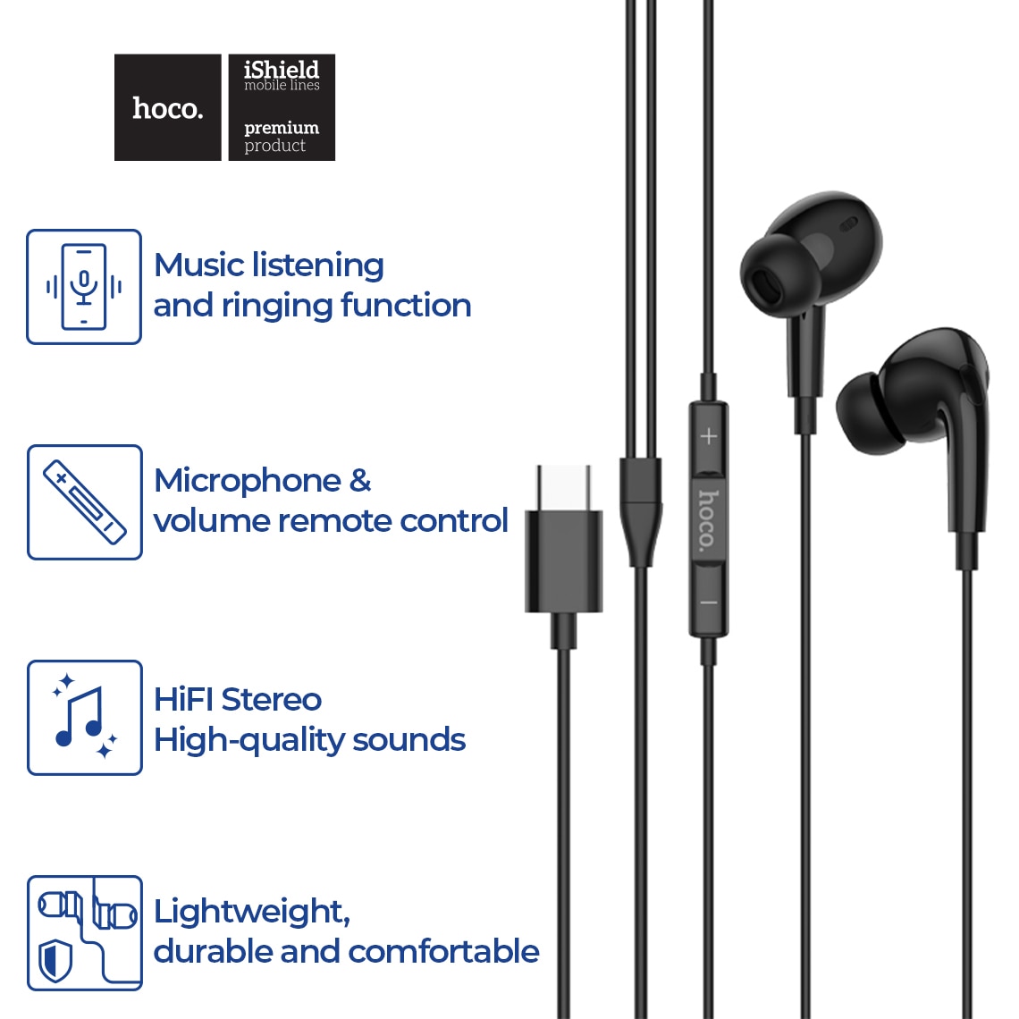 Casti In-Ear cu fir USB-C, compatibile Huawei, Xiaomi, OnePlus, Samsung si iPhone/iPad USB-C, microfon si control pe fir, sunet stereo, 1.2m, Negre (M101 Pro)