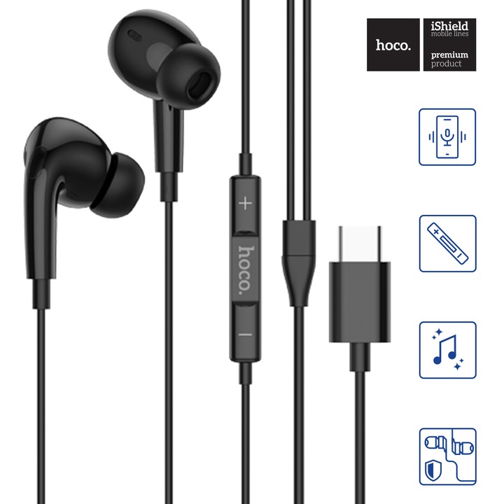 Casti In-Ear cu fir USB-C, compatibile Huawei, Xiaomi, OnePlus, Samsung si iPhone/iPad USB-C, microfon si control pe fir, sunet stereo, 1.2m, Negre (M101 Pro)
