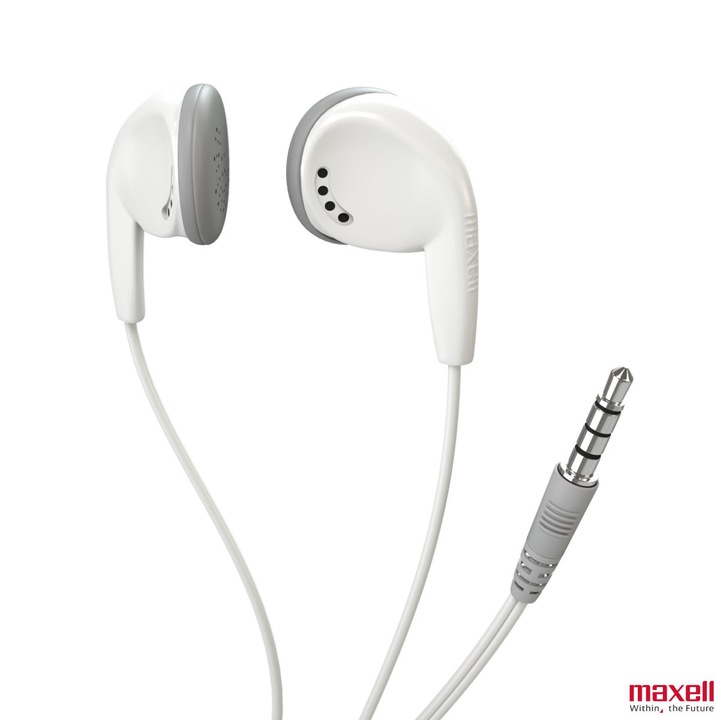 Casti audio semi-in-ear, Maxell Sound To The Max EB-98, cu jack 3.5mm, pentru utilizare zilnica, design confortabil, albe