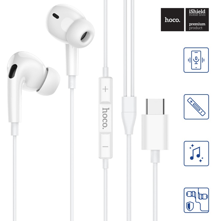 Casti In-Ear cu fir USB-C, compatibile Huawei, Xiaomi, OnePlus, Samsung si iPhone/iPad USB-C, microfon si control pe fir, sunet stereo, 1.2m, Albe (M101 Pro)