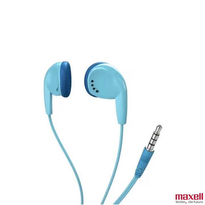 Casti audio semi-in-ear, Maxell Sound To The Max EB-98, cu jack 3.5mm, pentru utilizare zilnica, design semicircular confortabil, albastre
