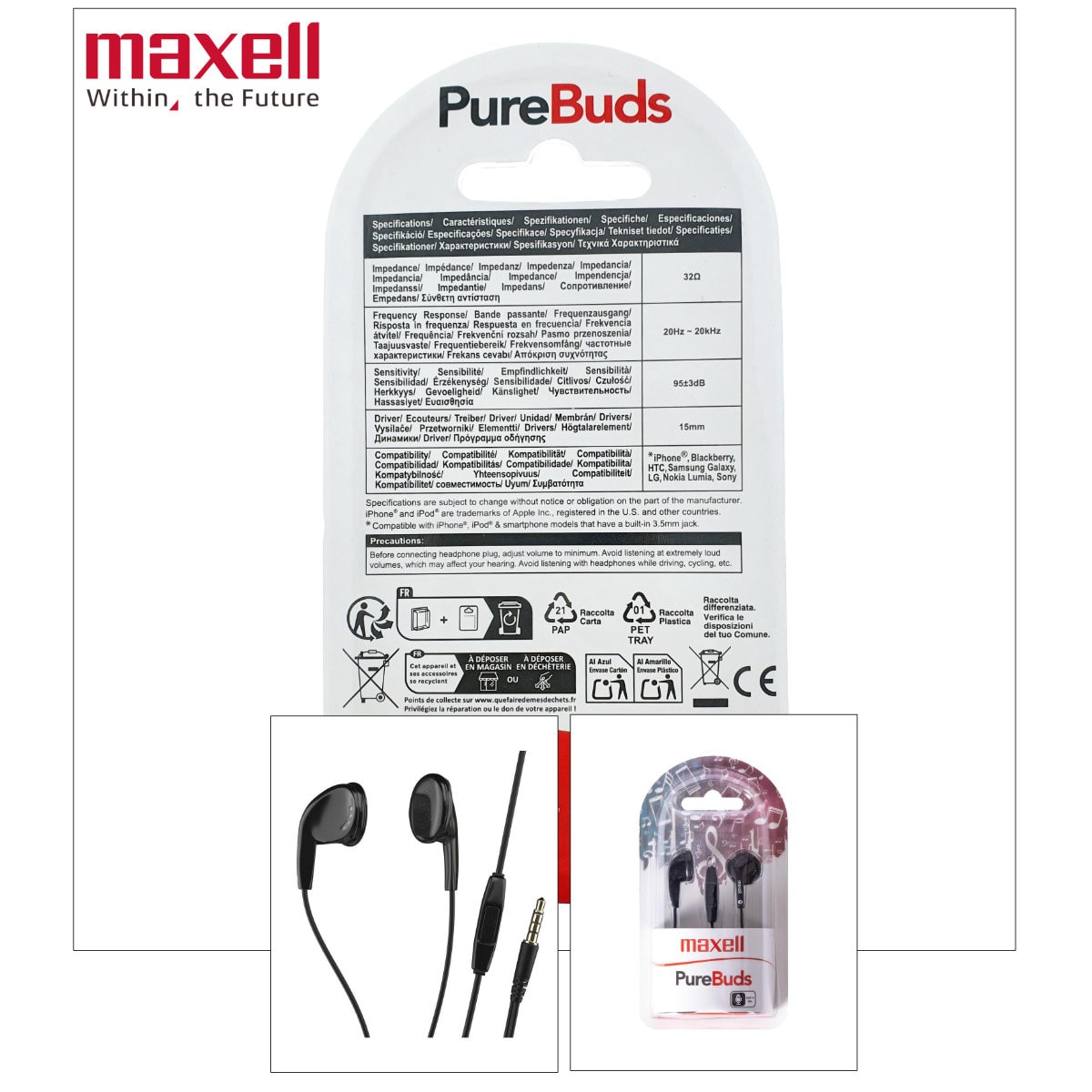 Casti audio semi-in-ear, Maxell Sound and Talk PureBuds, cu microfon incorporat si jack 3.5mm, pentru utilizare zilnica si apeluri, driver puternic 15mm, negre