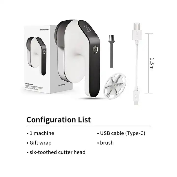 Aparat de curățat scame electric, reincarcabil, alb-negru, cu capac transparent
