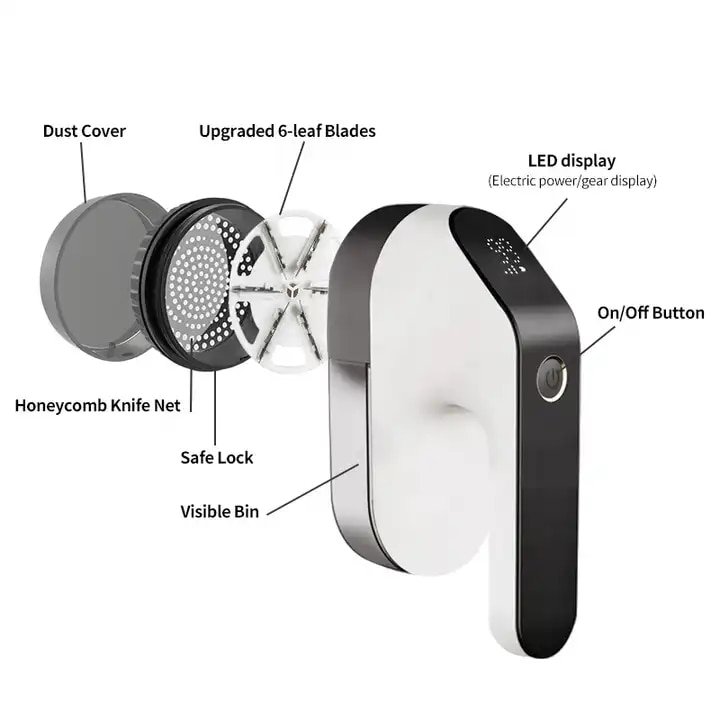Aparat de curățat scame electric, reincarcabil, alb-negru, cu capac transparent