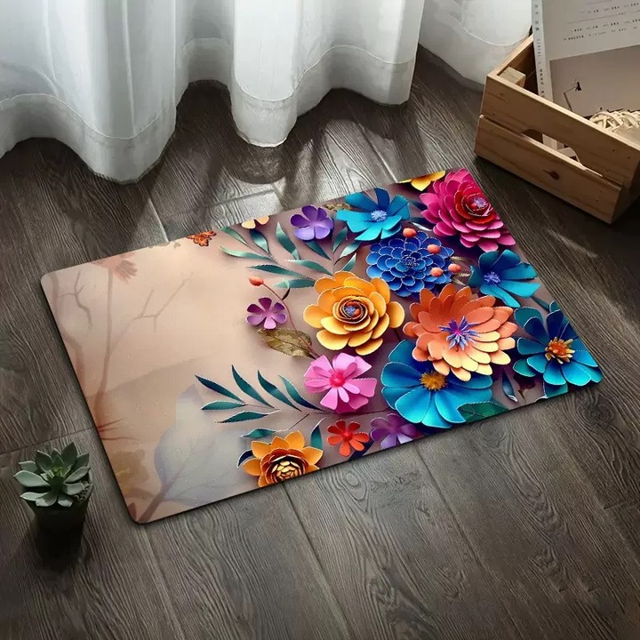 Covoras de baie din diatomita cu model floral 3D, 2 la set, antiderapant, ultra-absorbant, uscare rapida – pentru baie si intrare, 40×60 / 50×80 cm, roz si galben, 0261