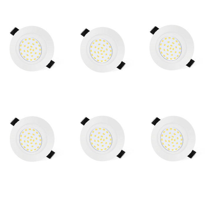 Set de 6 spoturi LED incastrate, AFKSMILE, Spoturi LED 5W ultraplat, Rotund, Usor de instalat, Pivotant, Cu montare incastrata, Pentru baie, bucatarie, living, tavan, Alb neutru, Temperatura lumina 6400K, Metal, 86mm, Alb