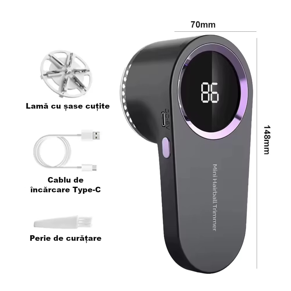 Aparat electric curățat scame MADGENIX, display digital, lamă 6 tăișuri, gri închis, 148x70mm