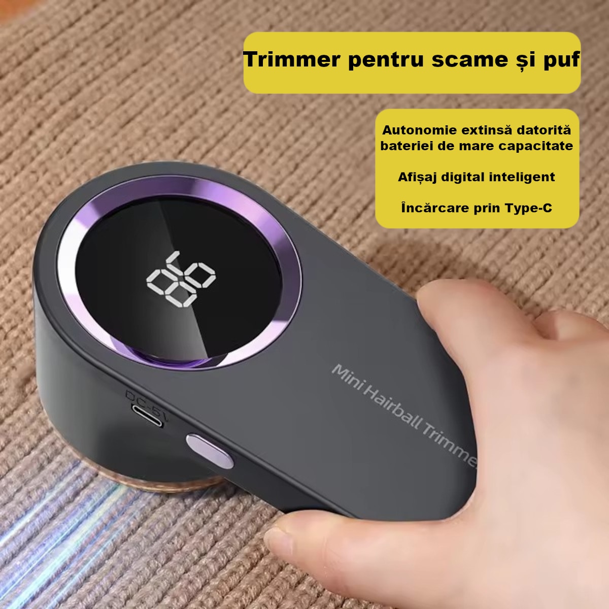 Aparat electric curățat scame MADGENIX, display digital, lamă 6 tăișuri, gri închis, 148x70mm