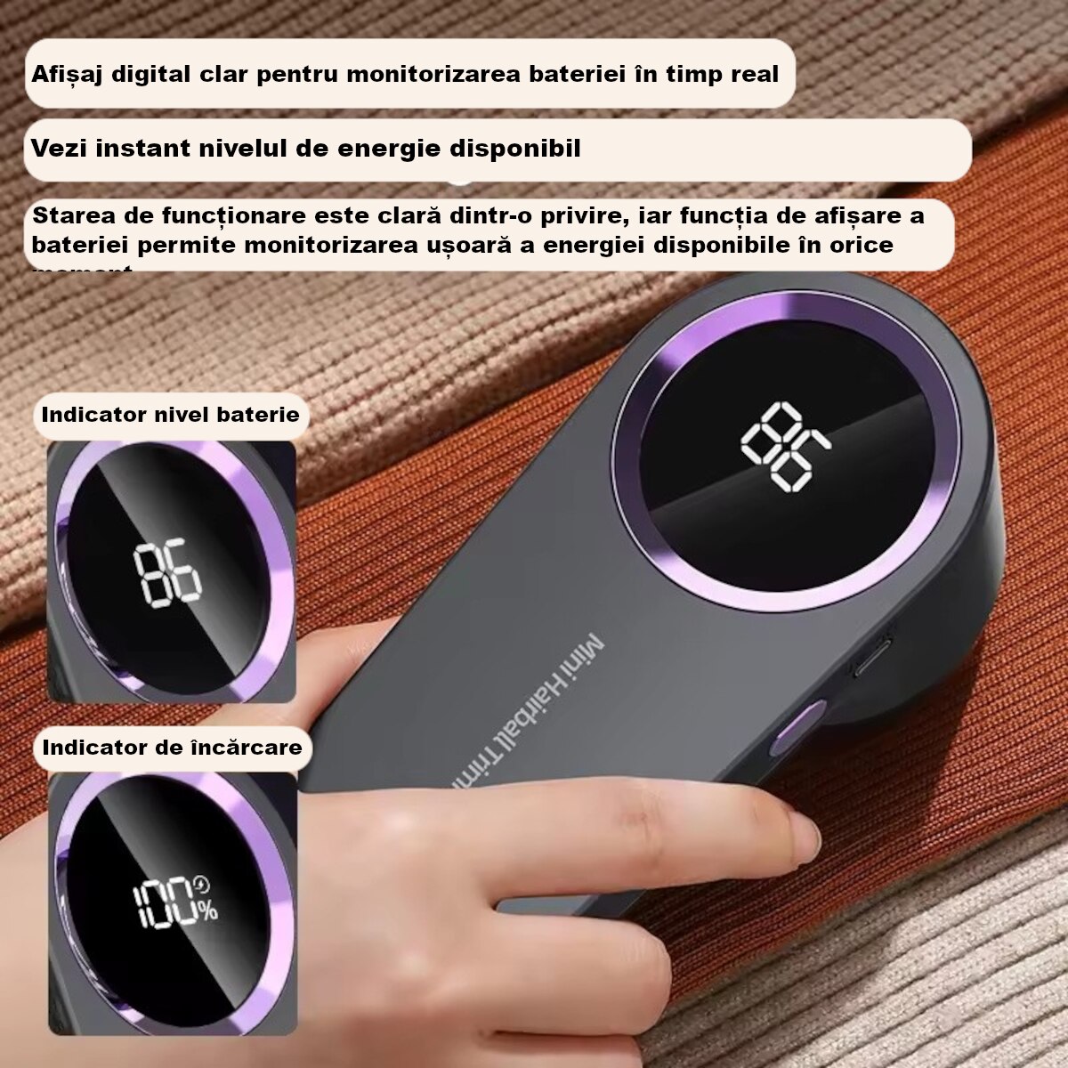 Aparat electric curățat scame MADGENIX, display digital, lamă 6 tăișuri, gri închis, 148x70mm