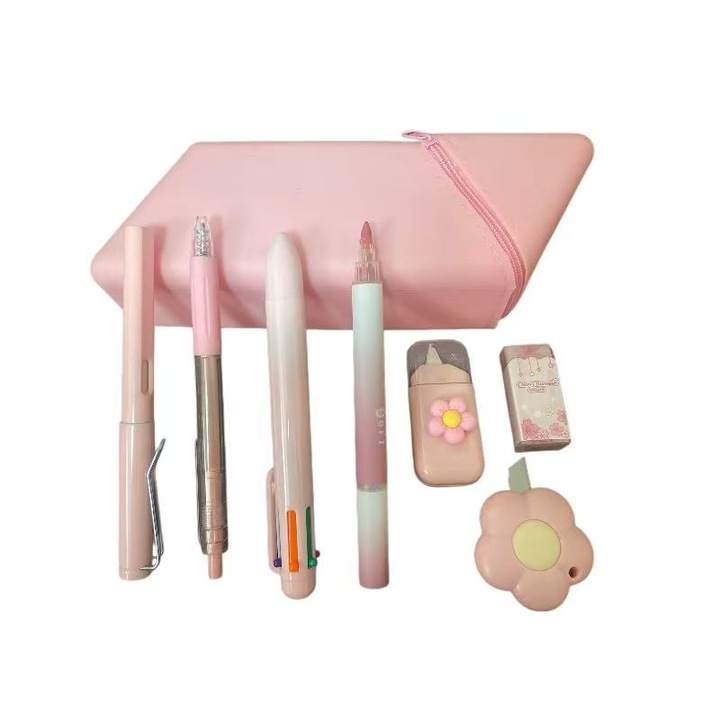 Set de papetarie dragut 8 piese, penar din silicon, pixuri colorate, creioane, markere, radere, banda corectoare, pentru fete, 6 ani