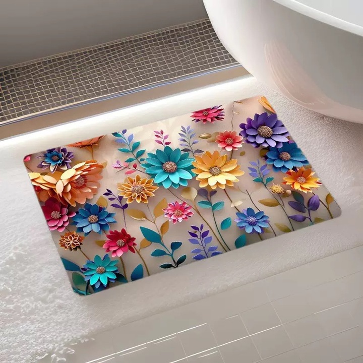 Covoras de baie din diatomita cu model floral 3D, 2 la set, antiderapant, ultra-absorbant, uscare rapida – pentru baie si intrare, 40×60 / 50×80 cm, verde, 0263