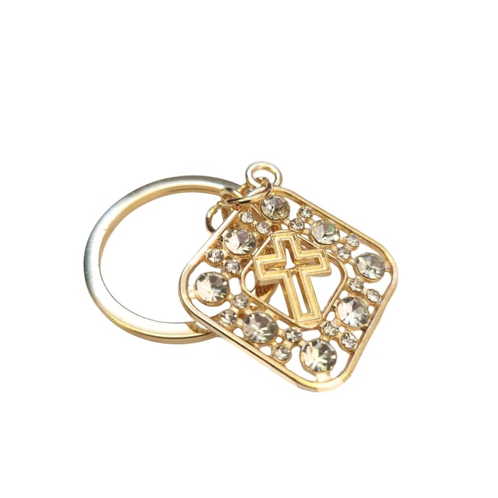 Breloc metalic auriu forma romb cu cruce decorativa si pietricele stralucitoare, 27 x 27 mm