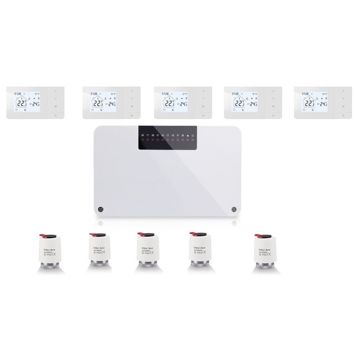 Sistem automatizare 5 zone incalzire in pardoseala OCVITEH OVT-BK05-506W wireless cu 5 termostate inteligente WIFI 1m, 2W