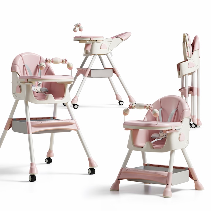 Scaun de mese si joaca pentru copii, ajustabil, cu tava detasabila, roz