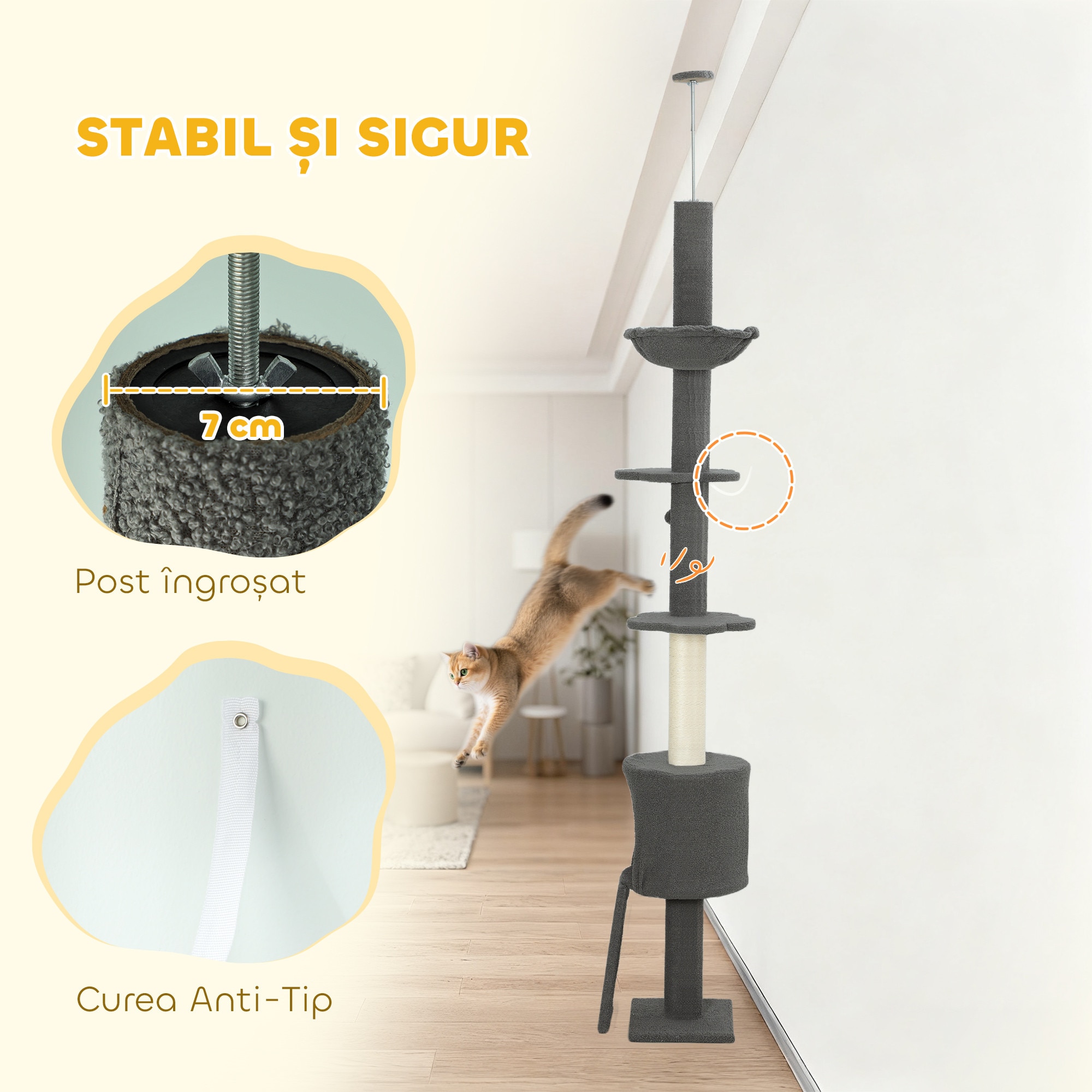 PawHut Arbore pentru Pisici de Tavan Inalt 220-240 cm cu Hamac, Casuta ...