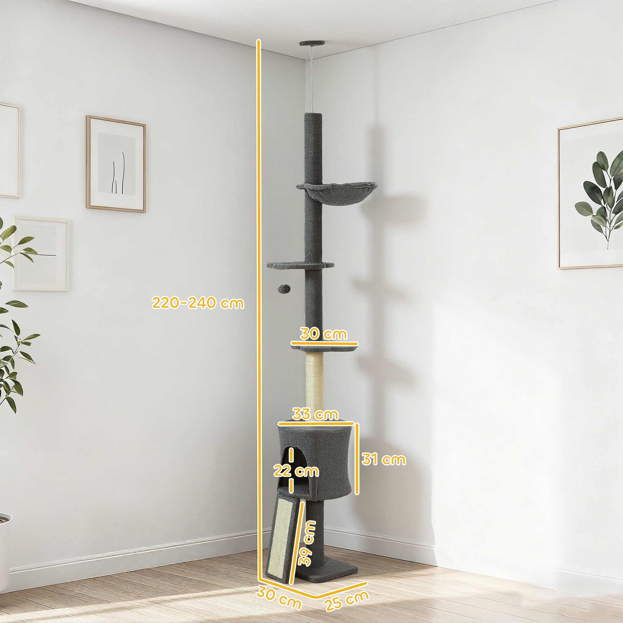 PawHut Arbore pentru Pisici de Tavan Inalt 220-240 cm cu Hamac, Casuta ...