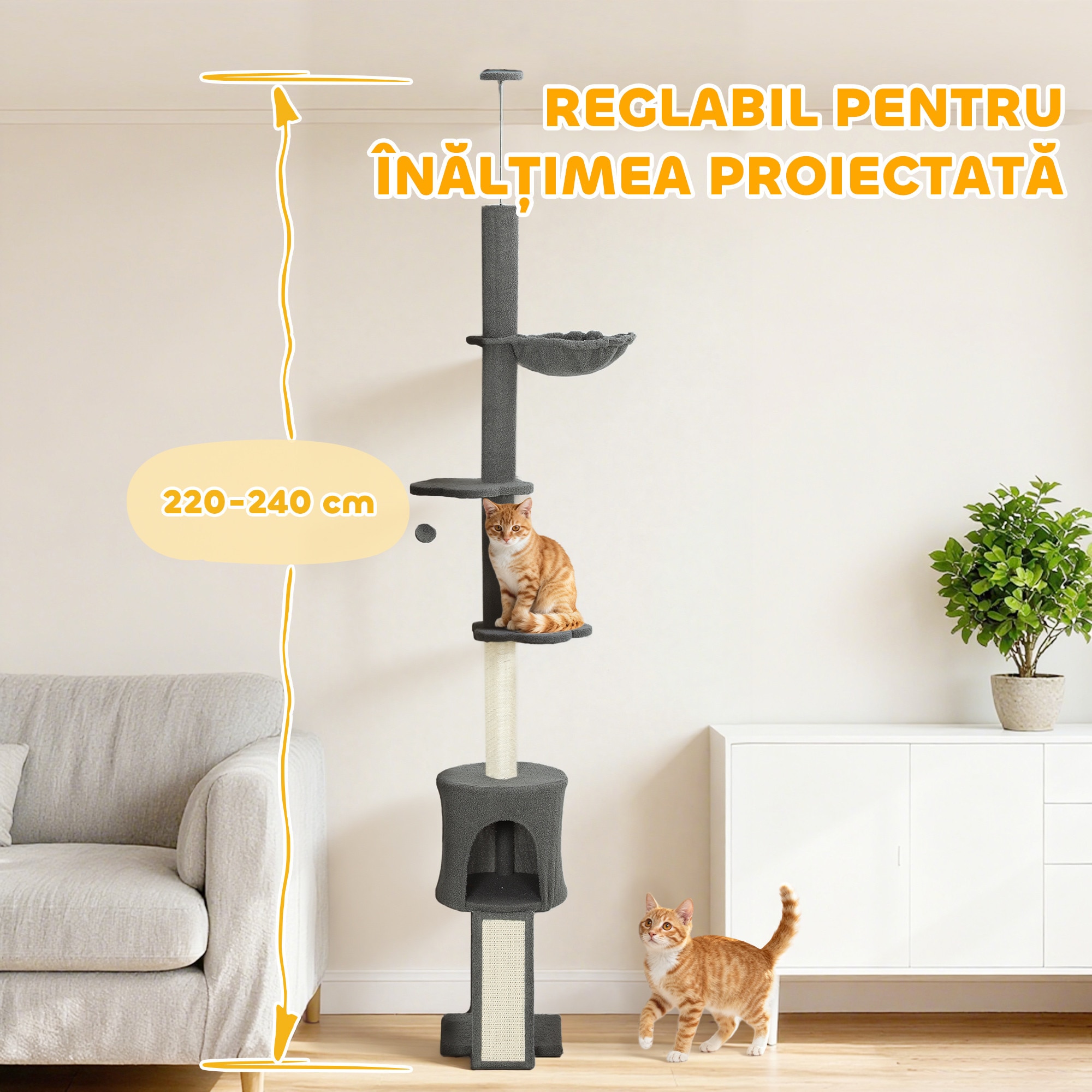 PawHut Arbore pentru Pisici de Tavan Inalt 220-240 cm cu Hamac, Casuta ...