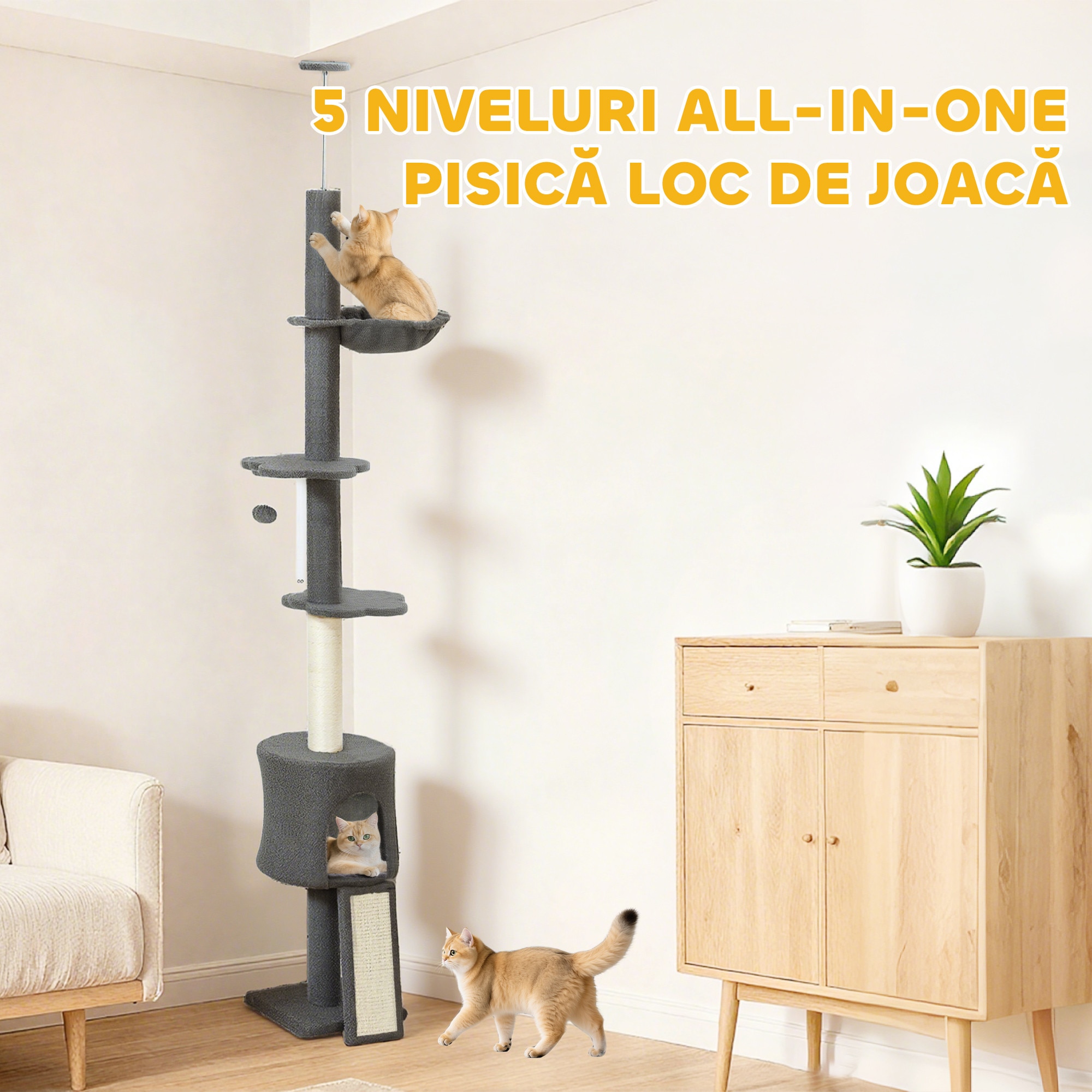 PawHut Arbore pentru Pisici de Tavan Inalt 220-240 cm cu Hamac, Casuta ...