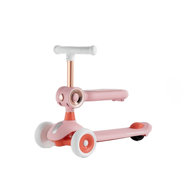 Trotineta copii, 2 IN 1, GHEMOTOC®, cu scaun, pliabila, cu roti luminoase, cu sunete si lumini, roz