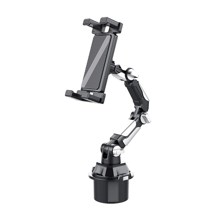 Suport auto pentru telefon si tableta, ajustabil, design multi-articulat, baza stabila, plastic dur, negru